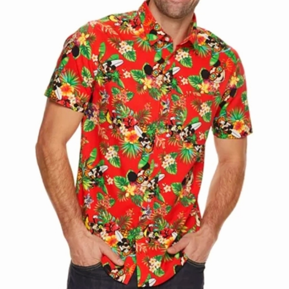 Disney Mickey Mouse All Over Print Tropical Hawaiian Camp Shirt Mens Size Large